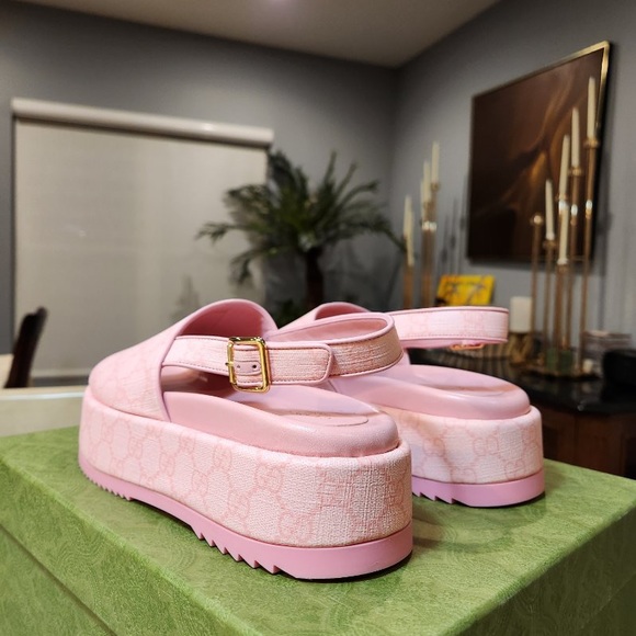NEW Gucci Supreme Pink Monogram Coated Canvas & Leather Platform Sandal Size 37 - Picture 8 of 12